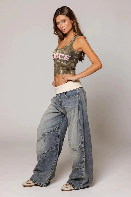 Y2K New Style Spliced ​​Waist Design Light Blue Washing Women Jeans Fashionable High Street Harajuku High Waist Wide Leg Pants